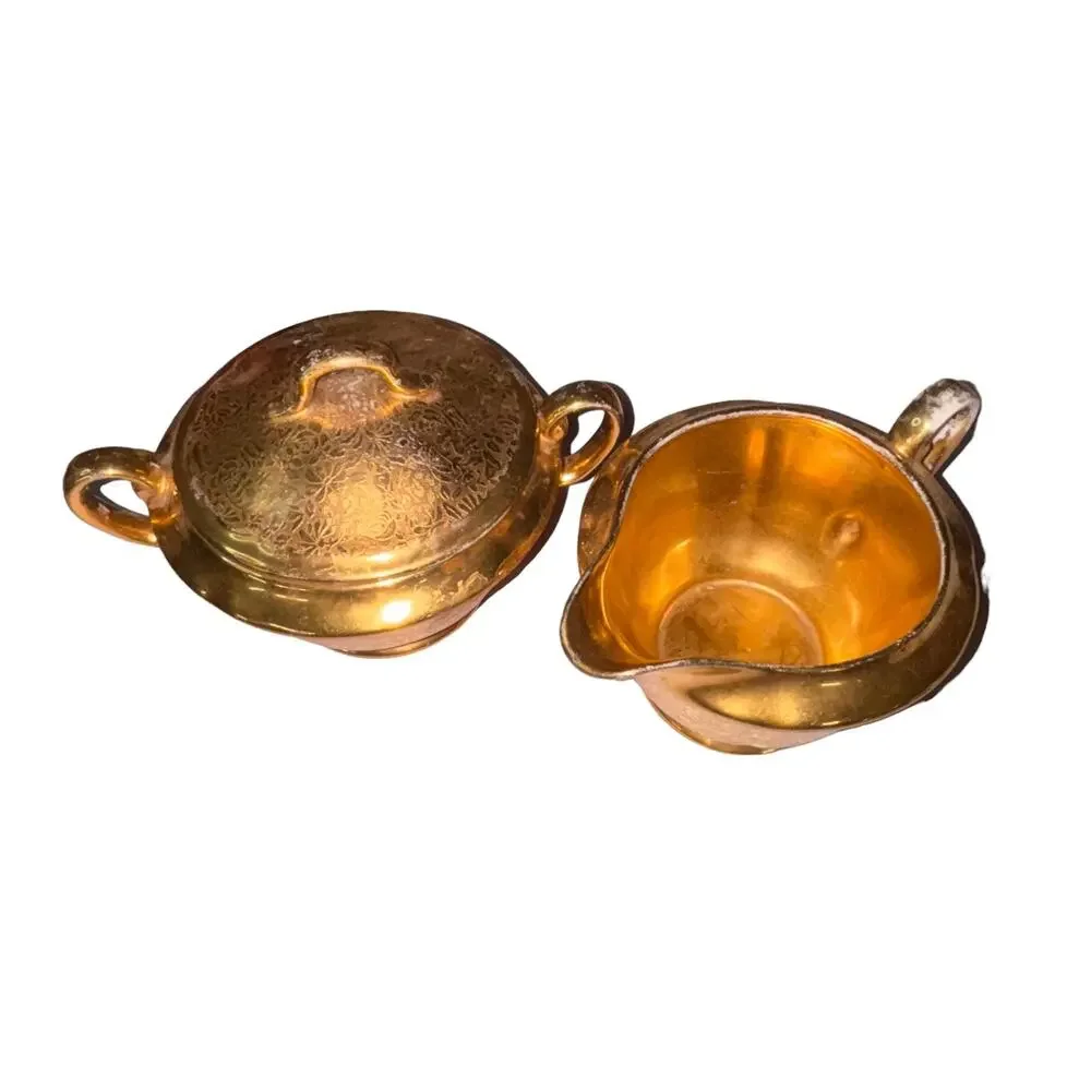 Wheeling DEC Creamer & Sugar Vintage Gold Floral Set #418 MCM